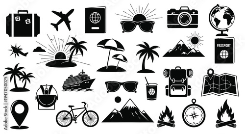 Travel icons collection featuring destinations transport and vacation elements silhouette