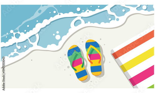 A Peaceful Beach Scene With Colorful Flip Flops And Towels
