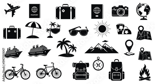 Travel icons collection featuring a plane luggage and beach elements silhouette