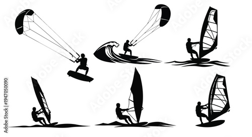 Kitesurfing and windsurfing scenes depicted in a striking black silhouette