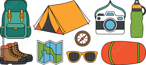 Camping and hiking essentials collection isolated on transparent background perfect for outdoor adventures