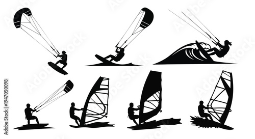 Kitesurfing action sequence with multiple figures in a dramatic silhouette