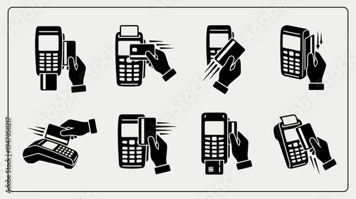 A collection of eight black and white icons depicting various configurations of cryptocurrency mining rigs or server racks.