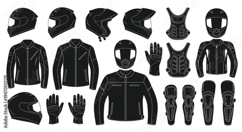 Motorcycle helmets jackets gloves and protective gear in a black silhouette