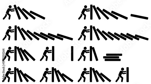 A collection of eight black and white icons depicting various configurations of cryptocurrency mining rigs or server racks.