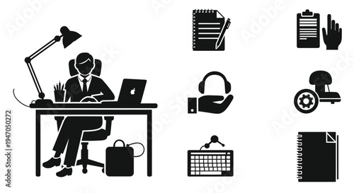 Office worker at a desk with equipment a flat design silhouette