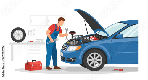 Mechanic fixing blue car engine.