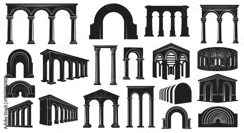Collection of various architectural archways and columns rendered as a silhouette