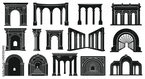 Collection of ornate architectural arches and doorways in black silhouette