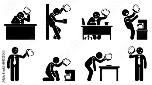 A collection of eight black and white icons depicting various configurations of cryptocurrency mining rigs or server racks.