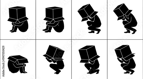 A collection of eight black and white icons depicting various configurations of cryptocurrency mining rigs or server racks.