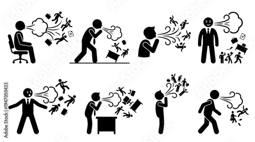 A collection of eight black and white icons depicting various configurations of cryptocurrency mining rigs or server racks.