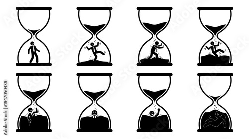 A collection of eight black and white icons depicting various configurations of cryptocurrency mining rigs or server racks.