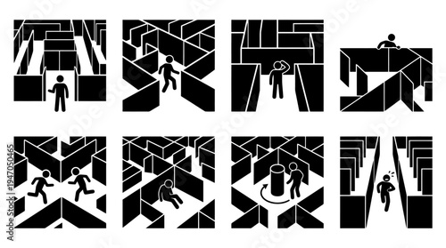 A collection of eight black and white icons depicting various configurations of cryptocurrency mining rigs or server racks.