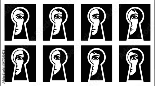 A collection of eight black and white icons depicting various configurations of cryptocurrency mining rigs or server racks.