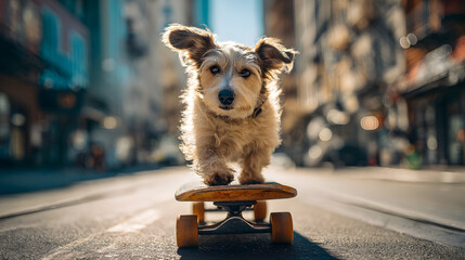 Dog riding skateboard on street