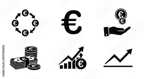 Euro currency symbols and financial growth depicted in black silhouette