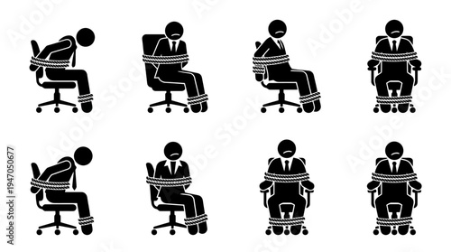 A collection of eight black and white icons depicting various configurations of cryptocurrency mining rigs or server racks.