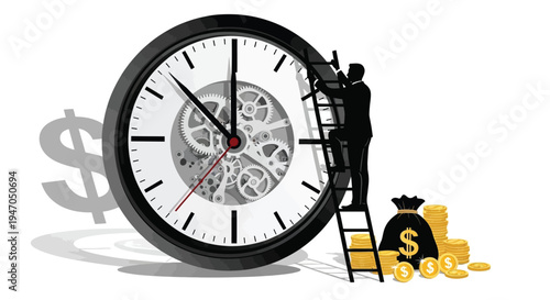Time is money a man climbs a ladder on a clock face silhouette