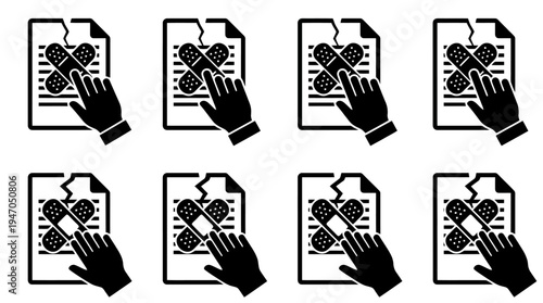 A collection of eight black and white icons depicting various configurations of cryptocurrency mining rigs or server racks.