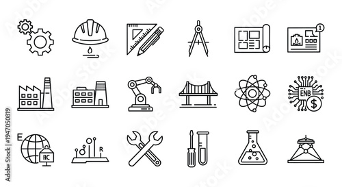 Engineering and industrial icons collection featuring various tools and concepts silhouette