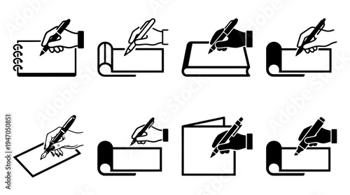 A collection of eight black and white icons depicting various configurations of cryptocurrency mining rigs or server racks.