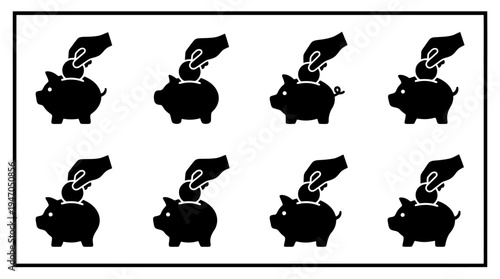 A collection of eight black and white icons depicting various configurations of cryptocurrency mining rigs or server racks.