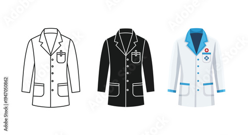 Three depictions of doctor s lab coats varying in color and style silhouette