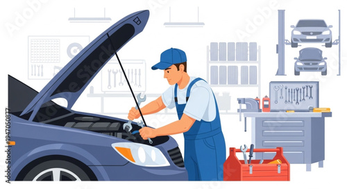 Mechanic fixing car engine.