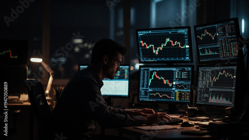 A man intently monitors multiple stock charts in a dark office, illuminated by screen glow.