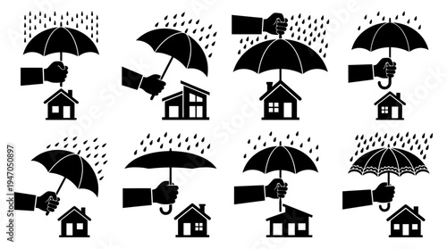 A collection of eight black and white icons depicting various configurations of cryptocurrency mining rigs or server racks.