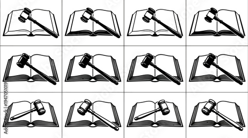 Set of 12 black and white law book and gavel vector icons for legal and justice concepts