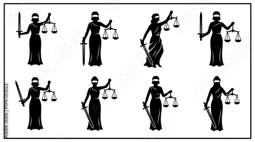 Eight stylized black and white illustrations of Lady Justice holding scales and a sword, symbolizing law and justice.