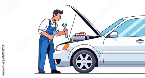 Mechanic fixing car engine.