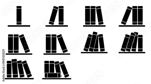 A collection of black silhouettes of books arranged on shelves in various tilted and upright positions.