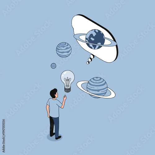 A person contemplating the universe, with planets and a lightbulb representing ideas and thoughts.