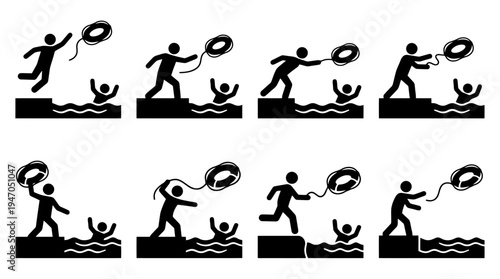 Sequence of illustrations showing a person throwing a life preserver to someone in the water.