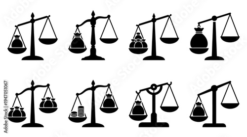 Collection of eight black and white illustrations of balance scales with various weights, representing different aspects of business and finance.