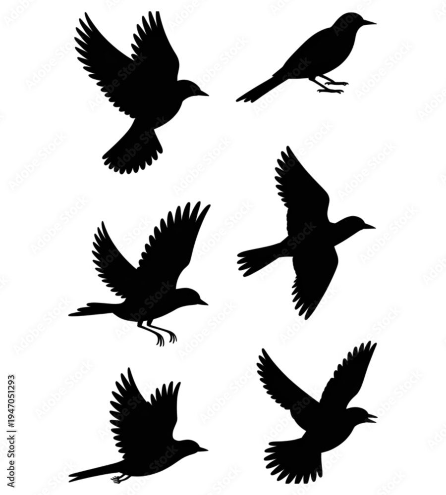 Fototapeta premium Set of black bird silhouettes flying and perched, isolated on white background for creative design projects