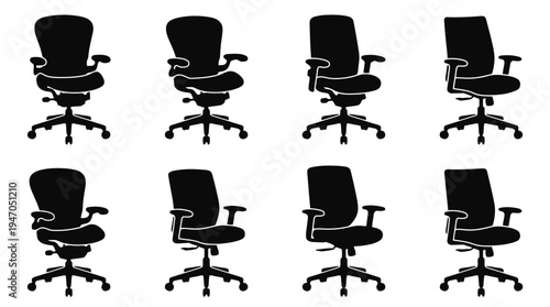 A collection of eight black office chairs, each with a distinct design and adjustable features, arranged in two rows.
