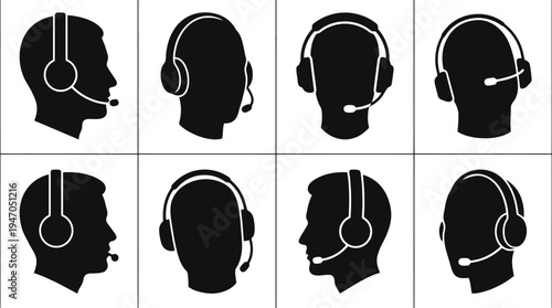 Collection of eight black silhouette icons of people wearing headsets, viewed from different angles.