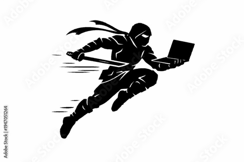 Dynamic Ninja Silhouette Running with Laptop and Katana Sword Graphic