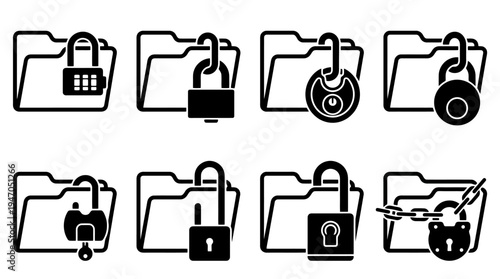 Collection of eight black and white icons representing locked and unlocked folders with various types of padlocks and chains.