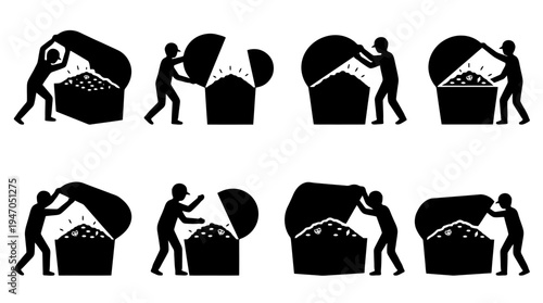 Silhouettes of people opening and closing a treasure chest filled with gold coins and jewels.