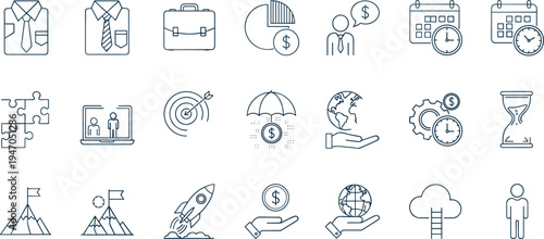 Business and Finance Icon Set Featuring Work, Money, Planning, Time Management, Goals, and Career Growth Symbols