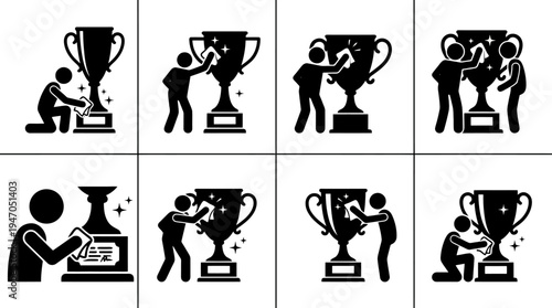 Collection of stick figures polishing and cleaning trophies, symbolizing achievement and maintenance of success.
