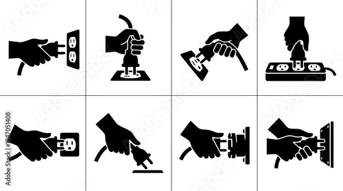 Illustrations showing correct and incorrect ways to plug and unplug electrical devices from wall outlets and power strips.