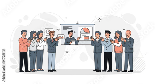 Business team applauding successful presentation on screen, celebrating achievement