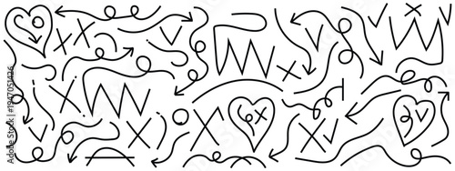 Various black brush drawn curved arrows. Collection doodle marker thick arrows in different directions.,Black pencil arrow, Grunge rough direction shape for design. Vector brush strokes