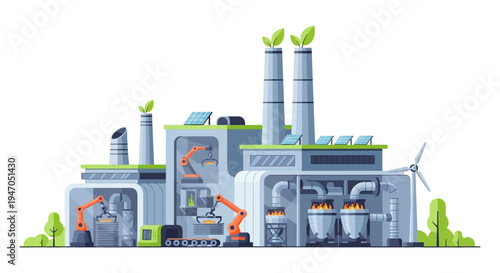 Sustainable Manufacturing Plant Illustration: Eco-Friendly Factory with Solar, Wind Energy & Robotic Automation